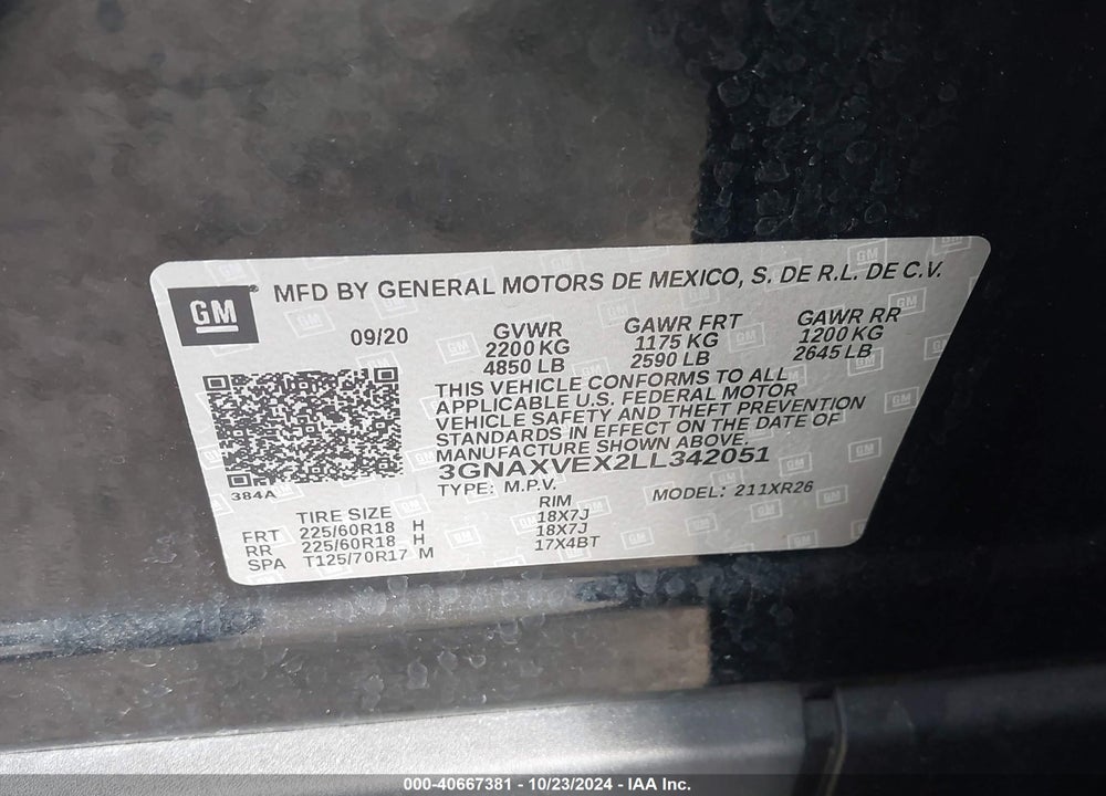 2020 CHEVROLET EQUINOX AWD LT 2.0L TURBO VIN: 3GNAXVEX2LL342051