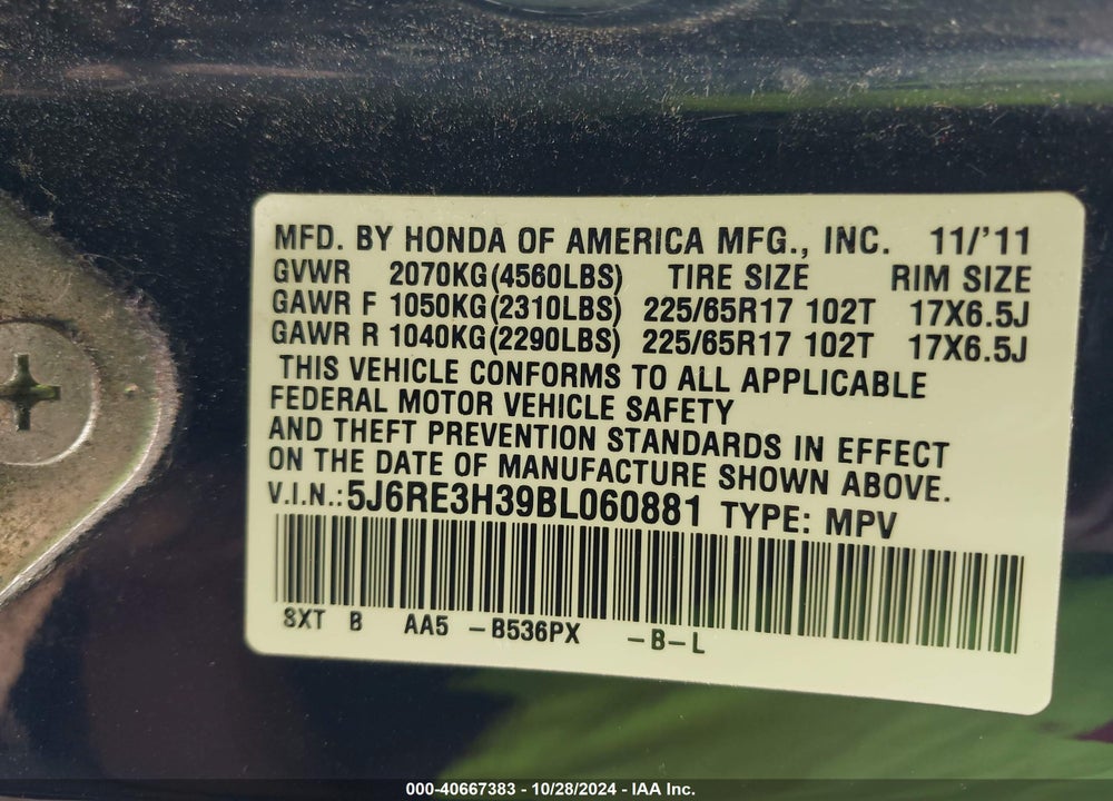 2011 HONDA CR-V LX VIN: 5J6RE3H39BL060881