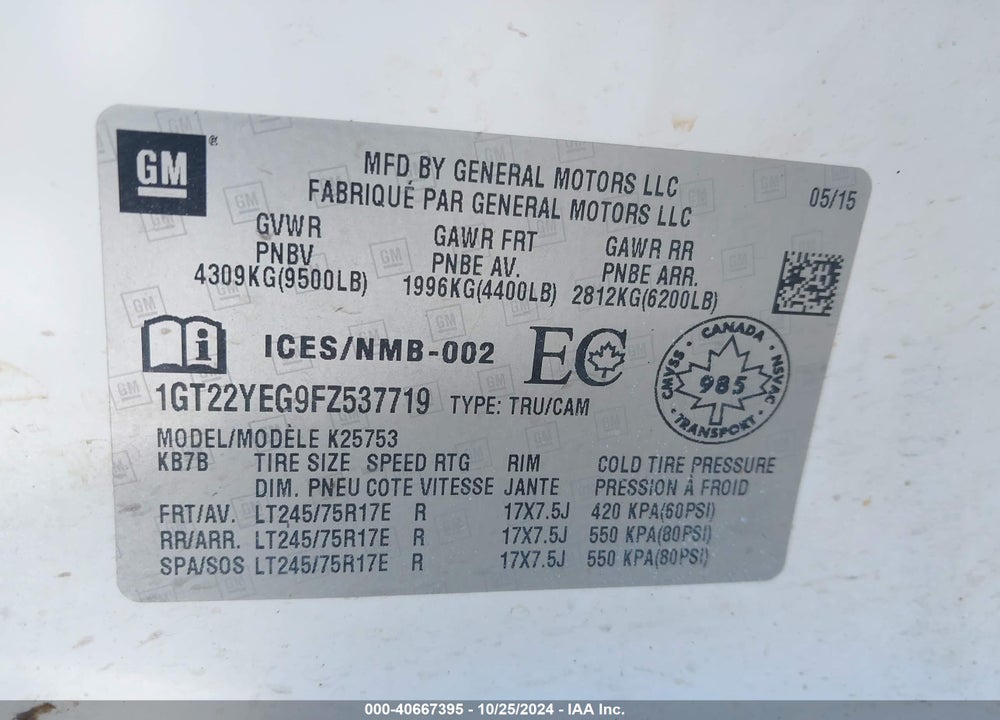 2015 GMC SIERRA 2500HD VIN: 1GT22YEG9FZ537719