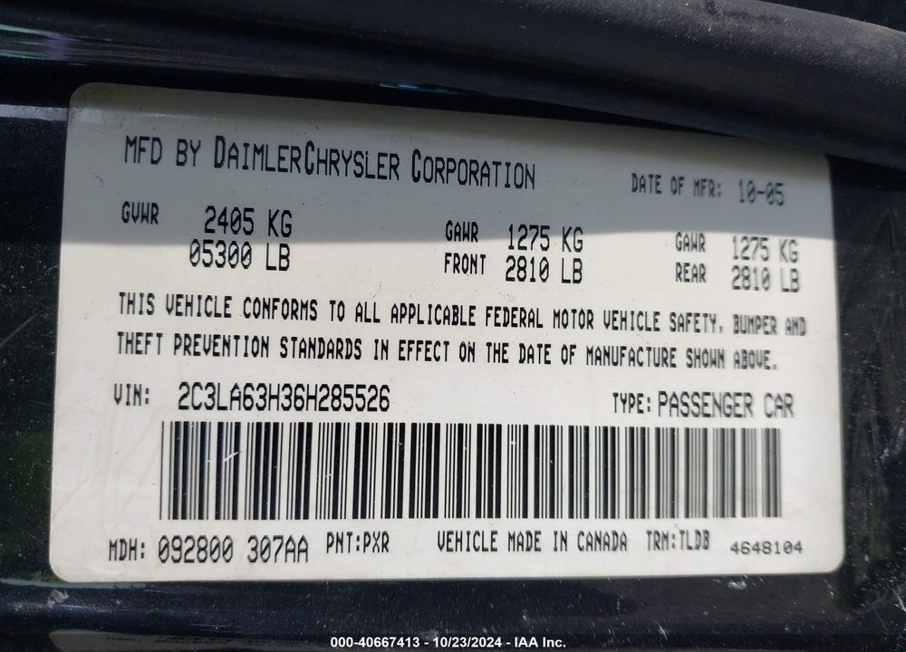 2006 CHRYSLER 300C VIN: 2C3LA63H36H285526