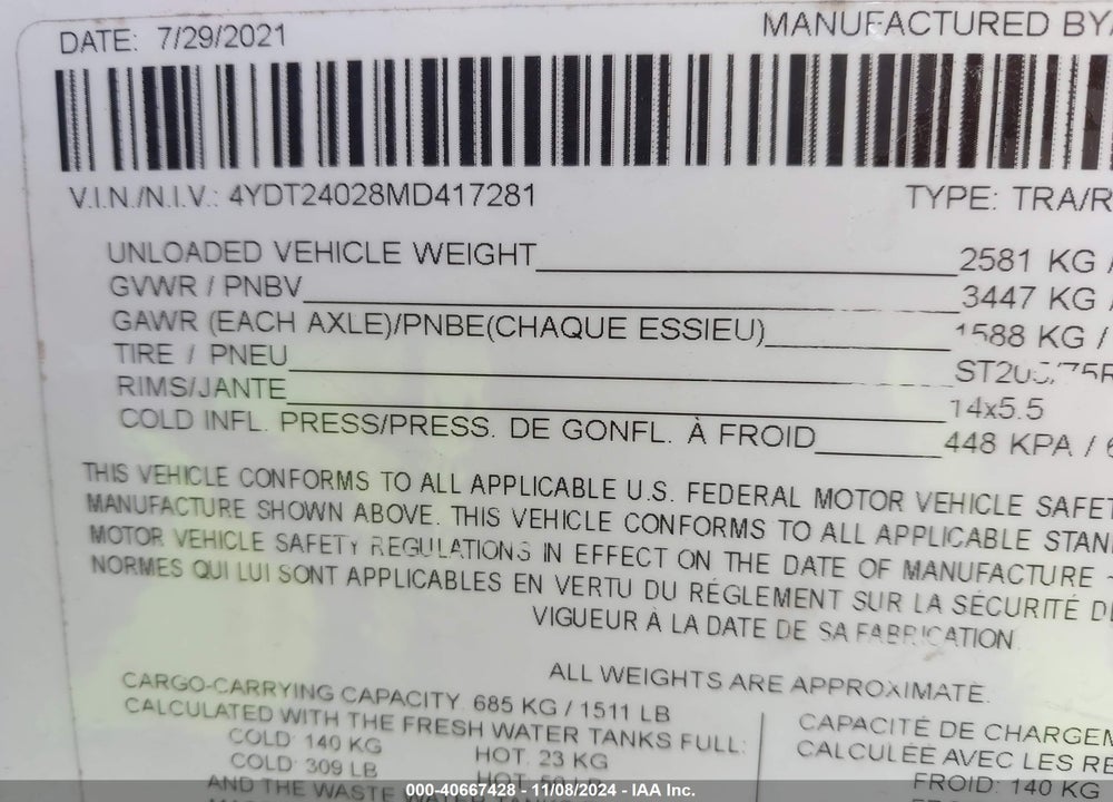 2021 KEYSTONE PASSPORT VIN: 4YDT24028MD417281
