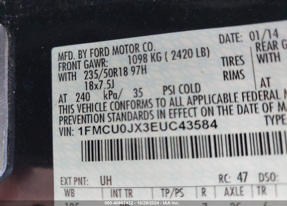 2014 FORD ESCAPE TITANIUM VIN: 1FMCU0JX3EUC43584