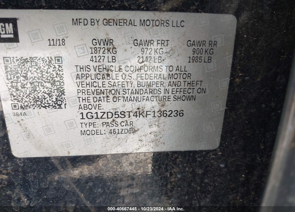 2019 CHEVROLET MALIBU LT VIN: 1G1ZD5ST4KF136236