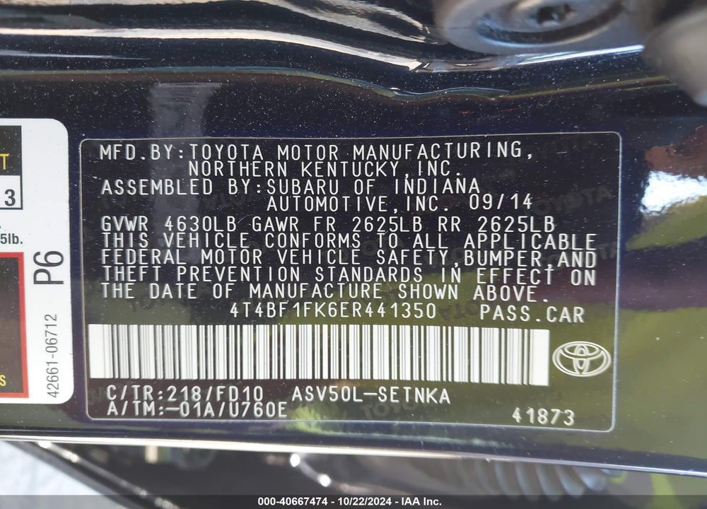 2014 TOYOTA CAMRY LE VIN: 4T4BF1FK6ER441350