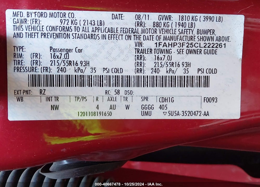 2012 FORD FOCUS SE VIN: 1FAHP3F25CL222261