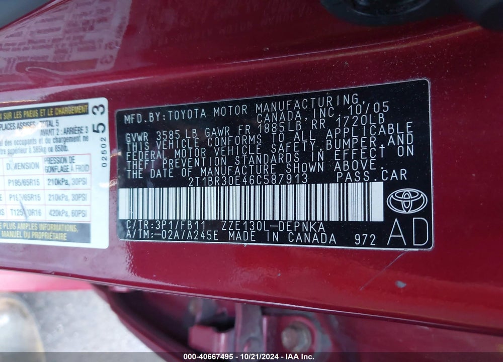 2006 TOYOTA COROLLA LE VIN: 2T1BR30E46C587913