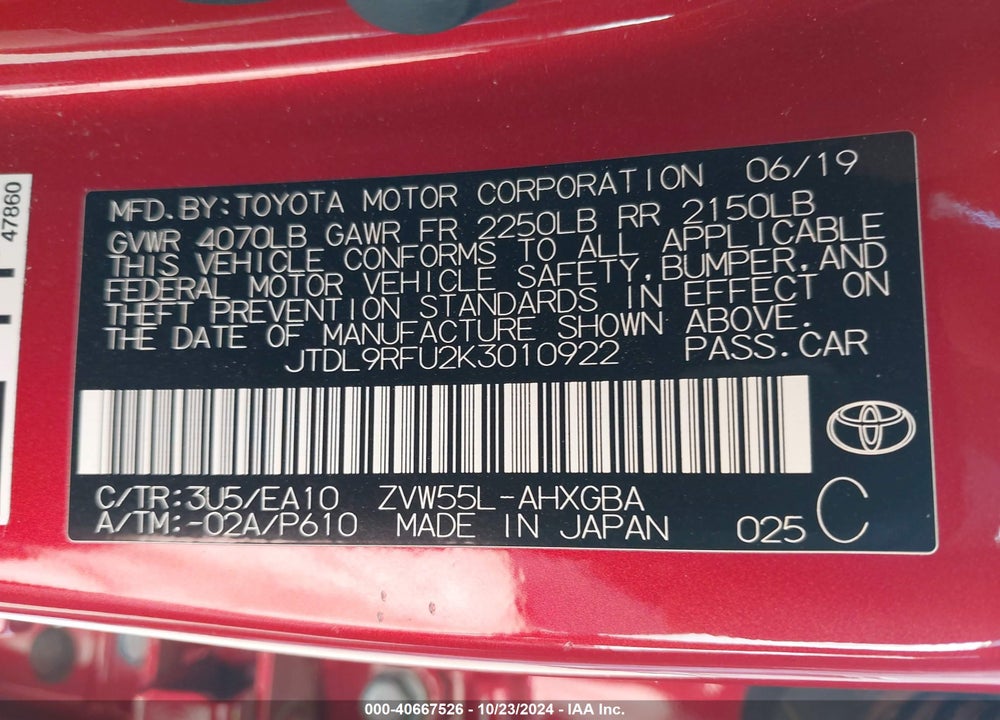 2019 TOYOTA PRIUS XLE VIN: JTDL9RFU2K3010922
