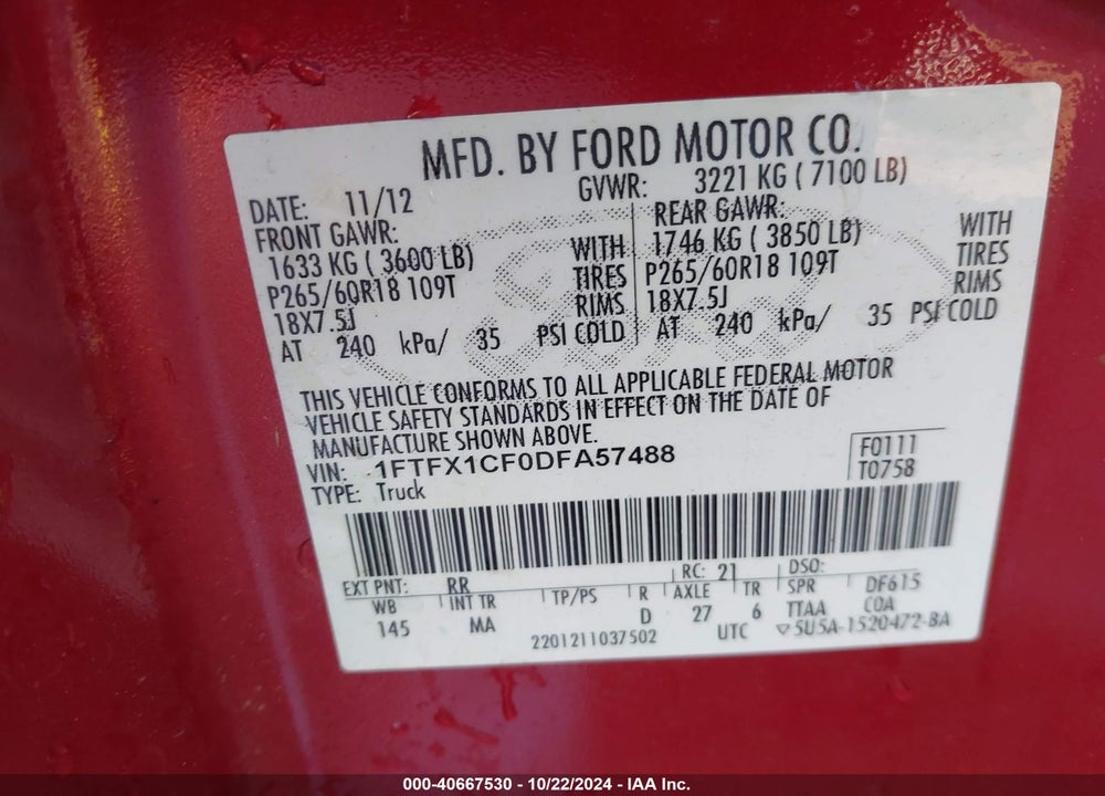 2013 FORD F-150 XLT VIN: 1FTFX1CF0DFA57488