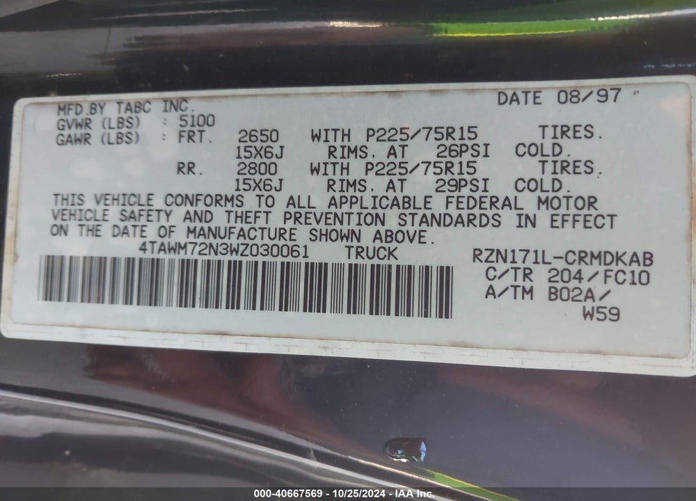 1998 TOYOTA TACOMA VIN: 4TAWM72N3WZ030061
