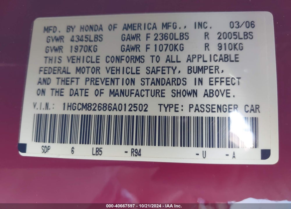 2006 HONDA ACCORD 3.0 EX VIN: 1HGCM82686A012502