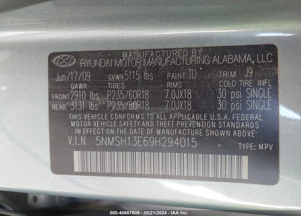 2009 HYUNDAI SANTA FE LIMITED VIN: 5NMSH13E69H294015