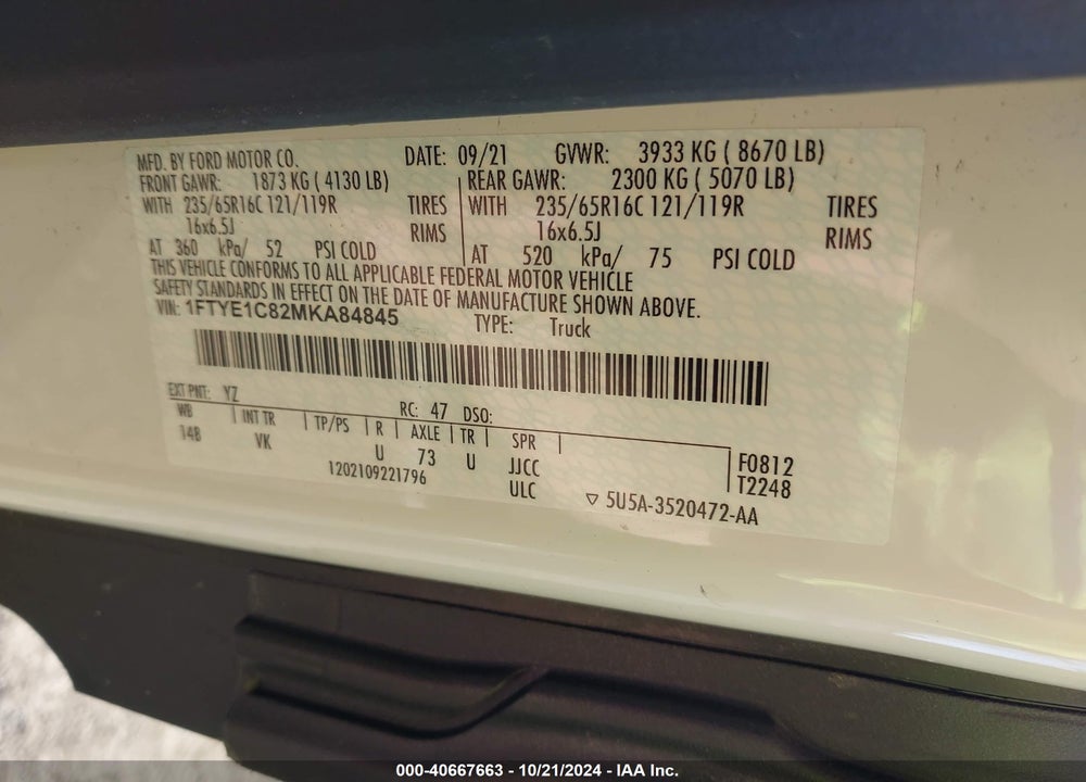 2021 FORD TRANSIT-150 CARGO VAN VIN: 1FTYE1C82MKA84845