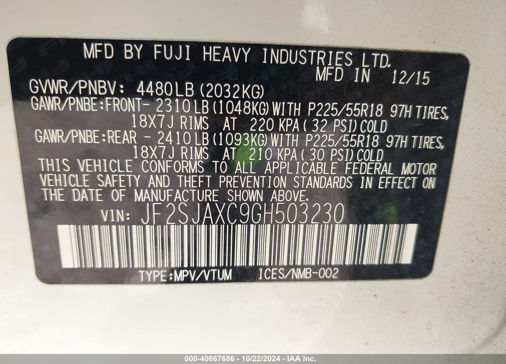 2016 SUBARU FORESTER 2.5I TOURING VIN: JF2SJAXC9GH503230