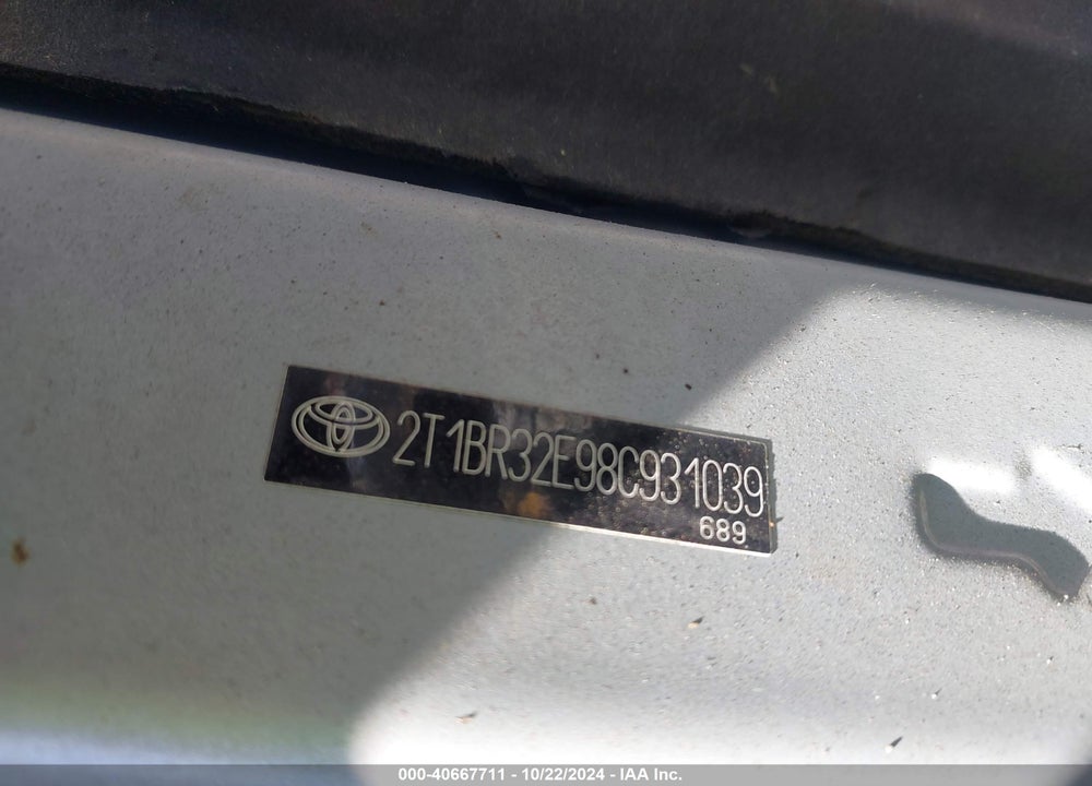 2008 TOYOTA COROLLA S VIN: 2T1BR32E98C931039