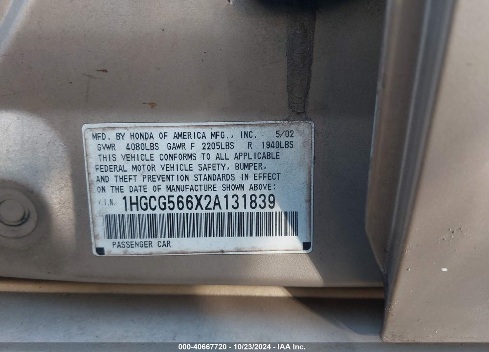 2002 HONDA ACCORD 2.3 EX VIN: 1HGCG566X2A131839