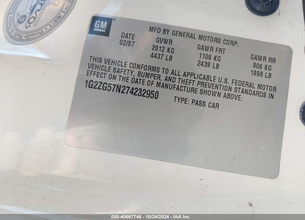 2007 PONTIAC G6 VIN: 1G2ZG57N274232950
