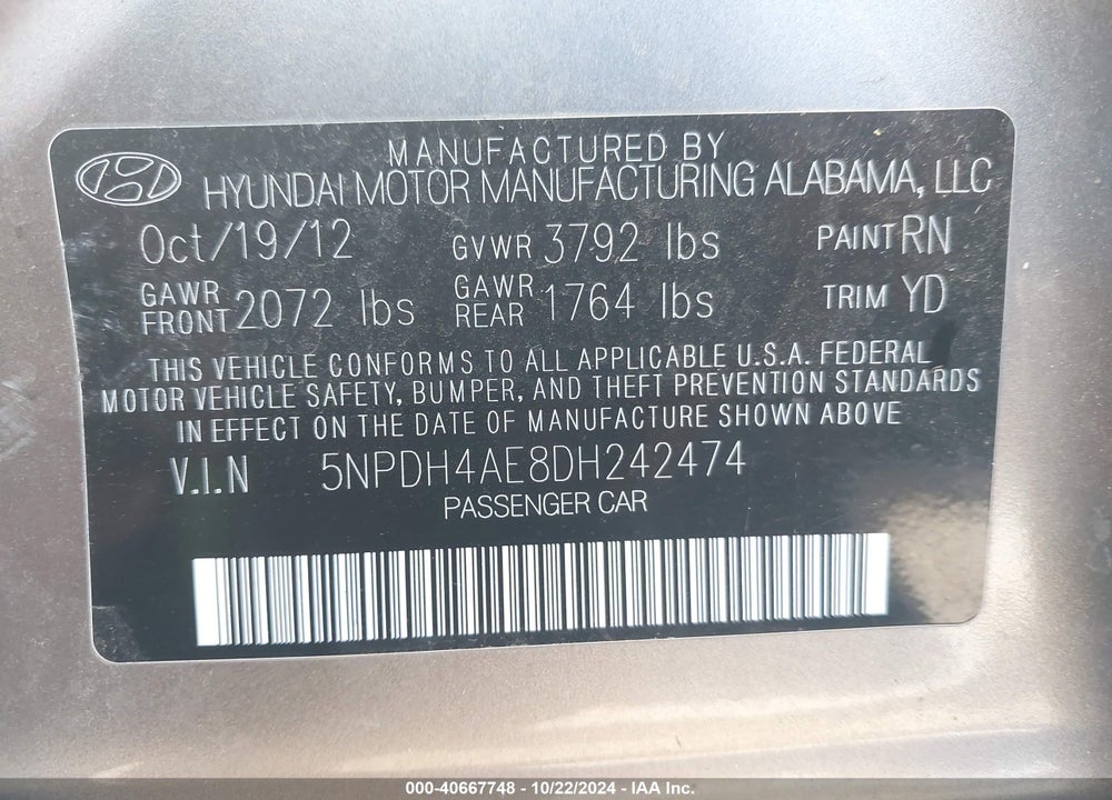 2013 HYUNDAI ELANTRA LIMITED VIN: 5NPDH4AE8DH242474