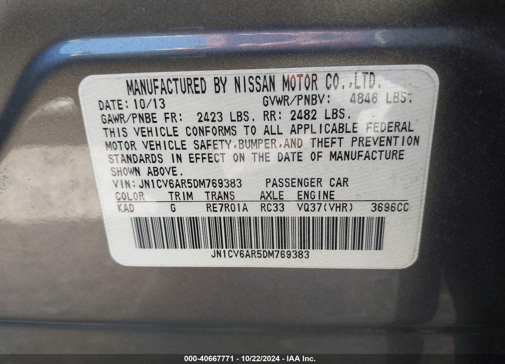 2013 INFINITI G37X VIN: JN1CV6AR5DM769383