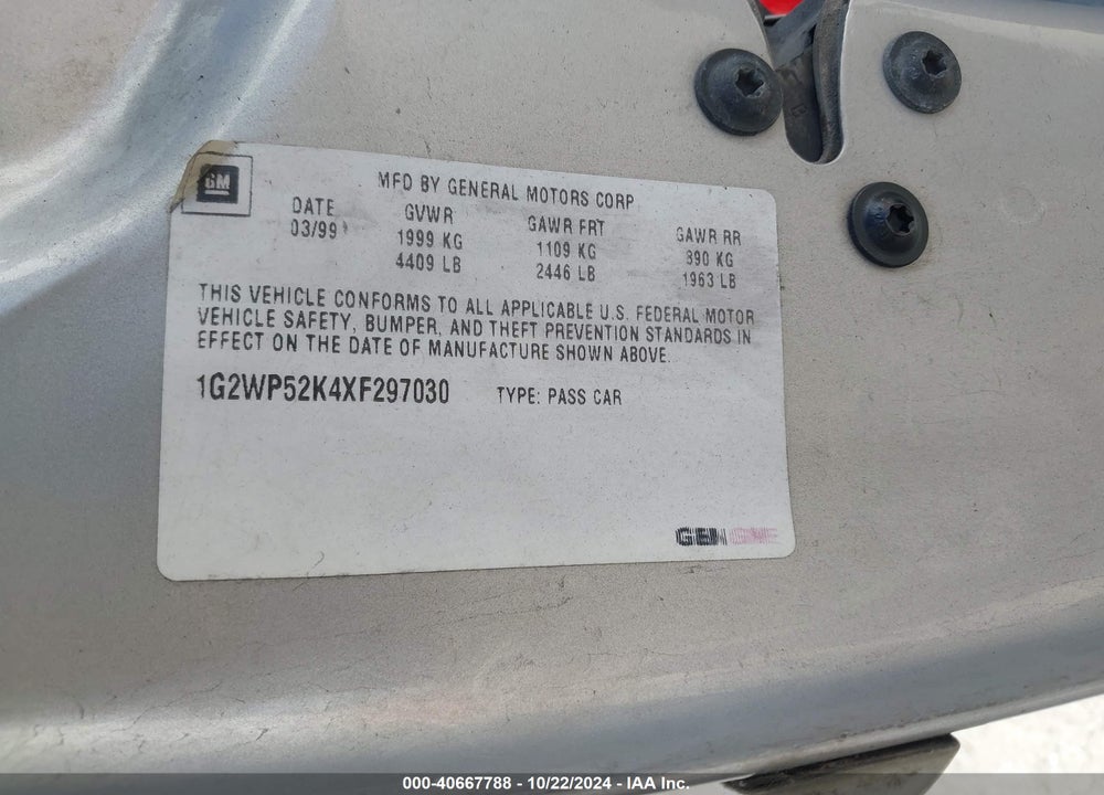 1999 PONTIAC GRAND PRIX GT VIN: 1G2WP52K4XF297030