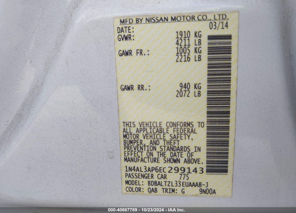 2014 NISSAN ALTIMA 2.5 SV VIN: 1N4AL3AP6EC299143