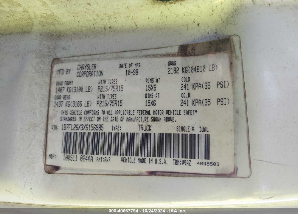 1999 DODGE DAKOTA SLT/SPORT VIN: 1B7FL26X3XS156985