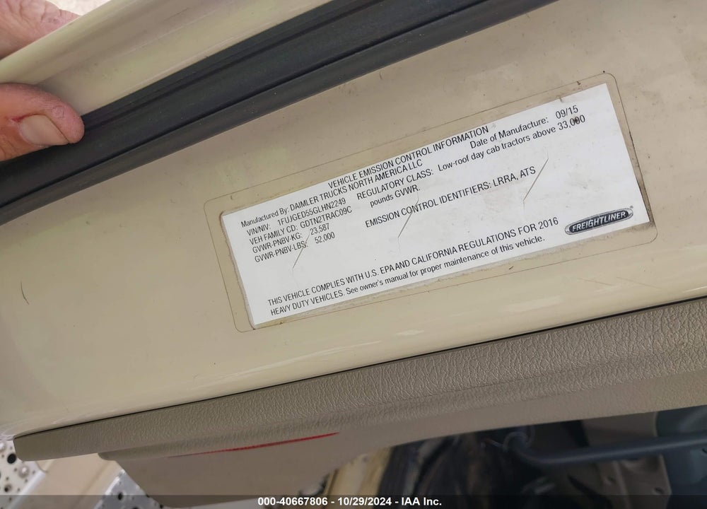 2016 FREIGHTLINER CASCADIA 125 VIN: 1FUJGED55GLHN2249