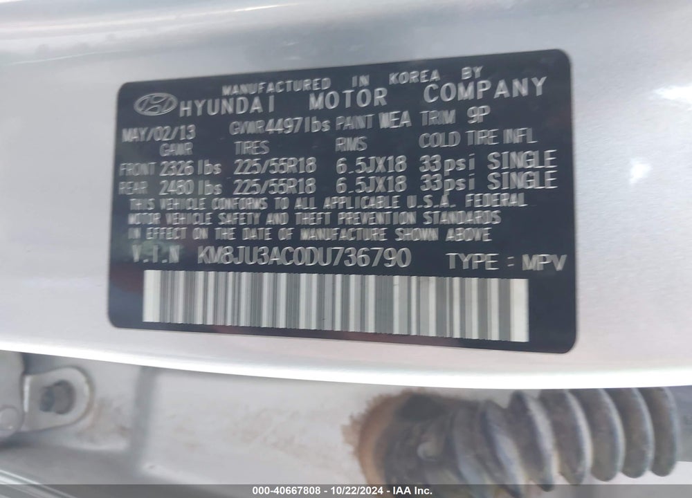 2013 HYUNDAI TUCSON LIMITED VIN: KM8JU3AC0DU736790