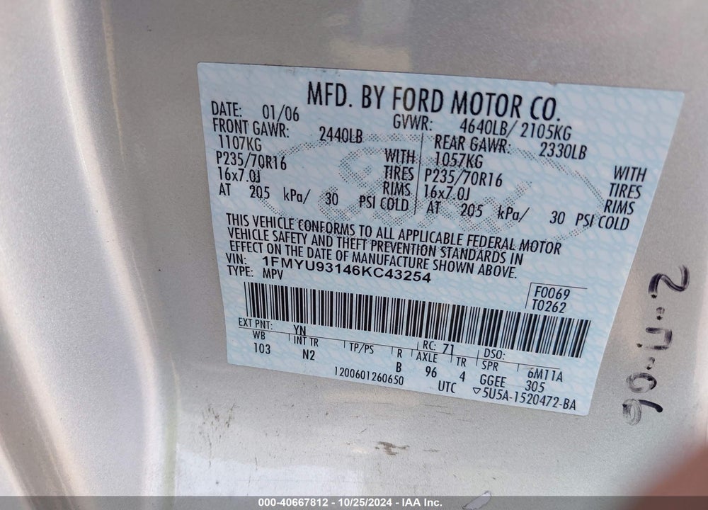 2006 FORD ESCAPE VIN: 1FMYU93146KC43254