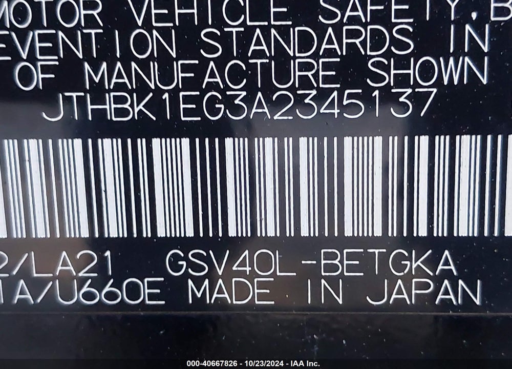 2010 LEXUS ES 350 VIN: JTHBK1EG3A2345137