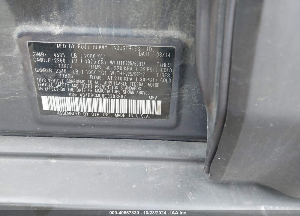 2014 SUBARU OUTBACK 2.5I LIMITED VIN: 4S4BRCMC8E3303887