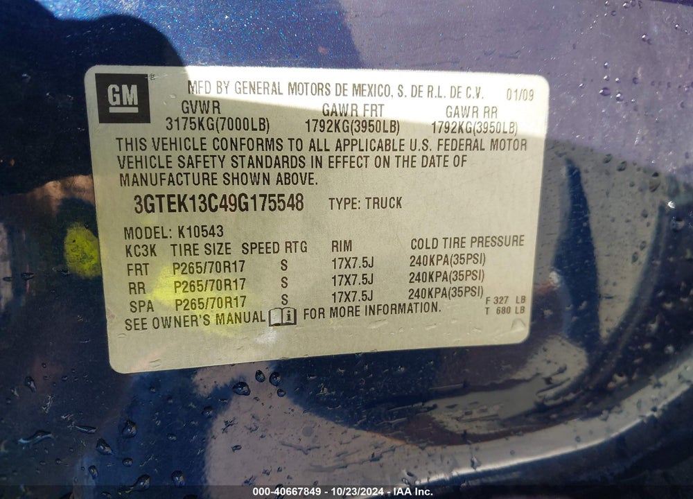 2009 GMC SIERRA 1500 SL VIN: 3GTEK13C49G175548