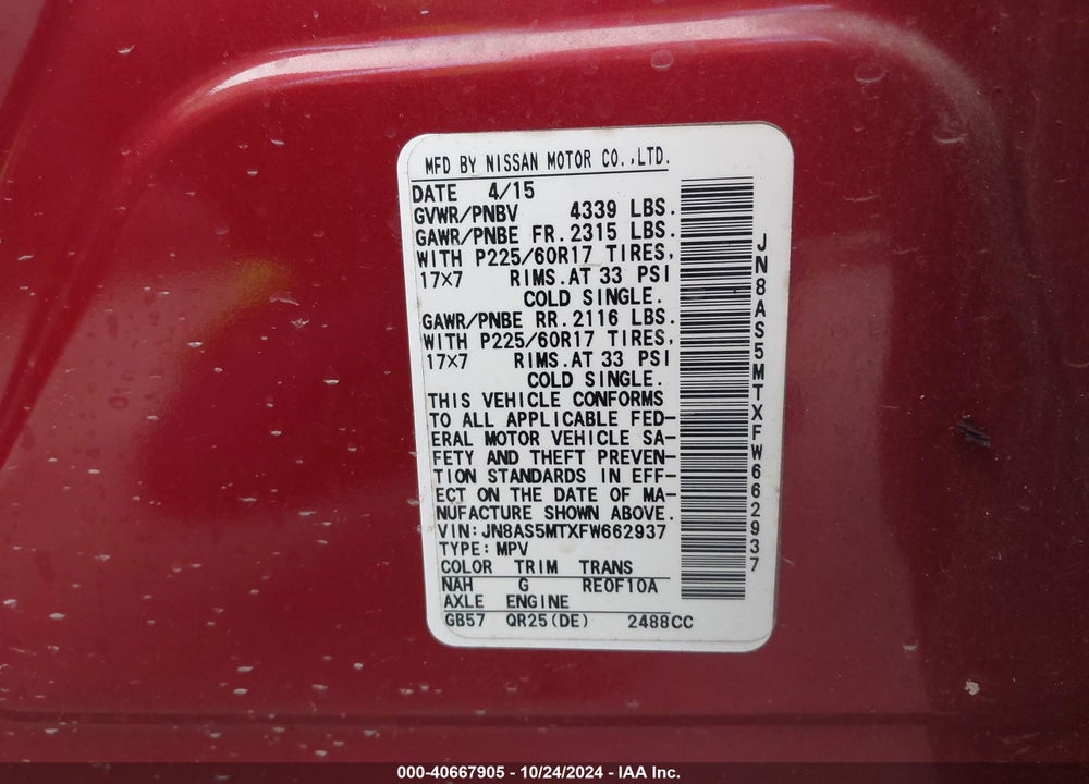 2015 NISSAN ROGUE SELECT S VIN: JN8AS5MTXFW662937