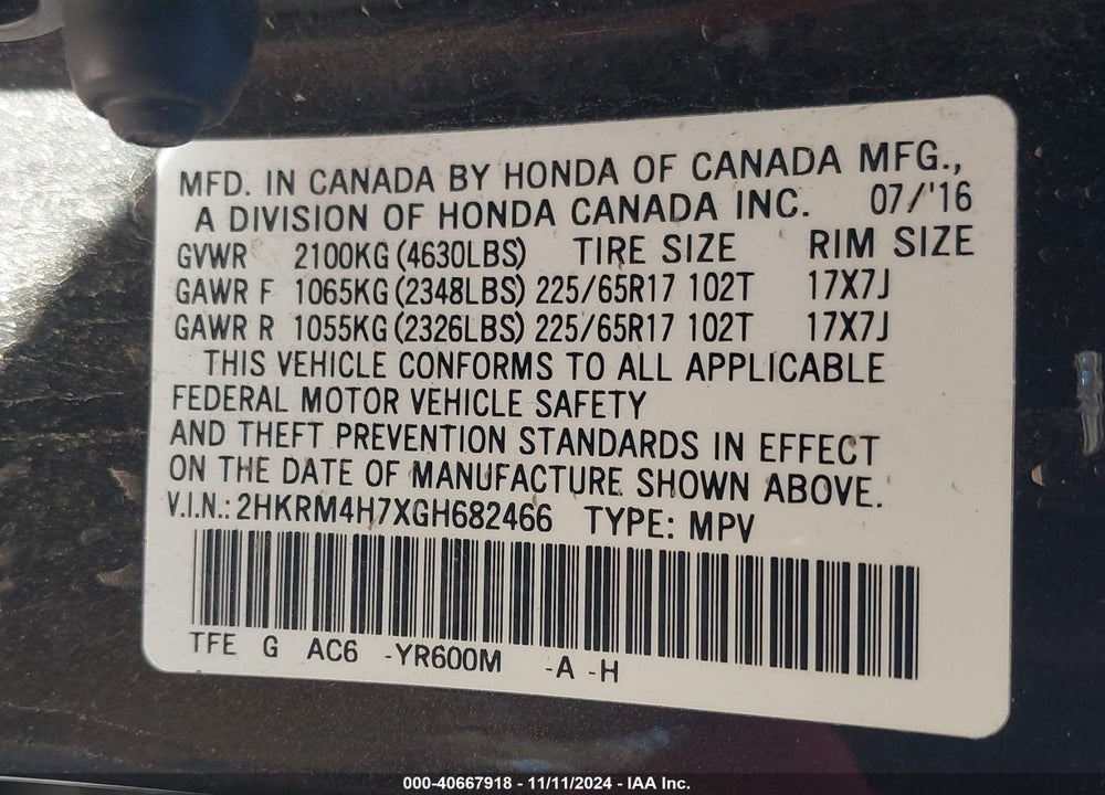 2016 HONDA CR-V EX-L VIN: 2HKRM4H7XGH682466