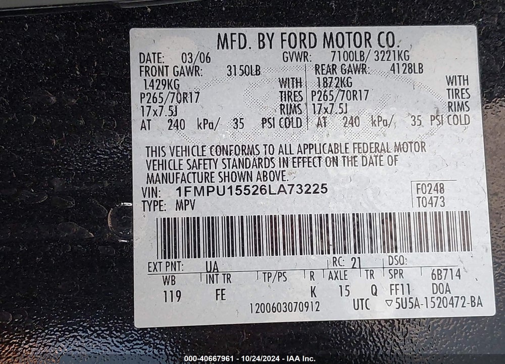 2006 FORD EXPEDITION XLT/XLT SPORT VIN: 1FMPU15526LA73225