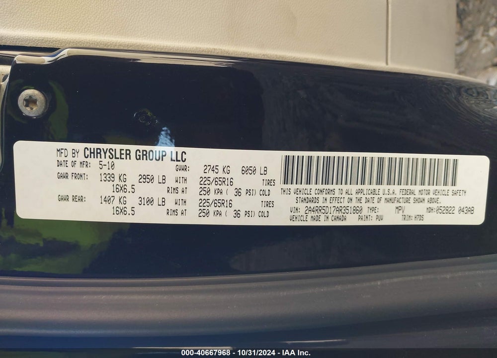 2010 CHRYSLER TOWN & COUNTRY TOURING VIN: 2A4RR5D17AR351860