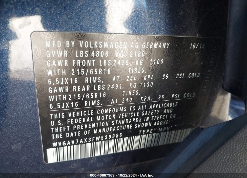 2015 VOLKSWAGEN TIGUAN S VIN: WVGAV7AX3FW539885