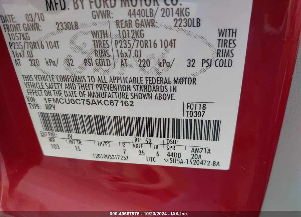 2010 FORD ESCAPE XLS VIN: 1FMCU0C75AKC67162
