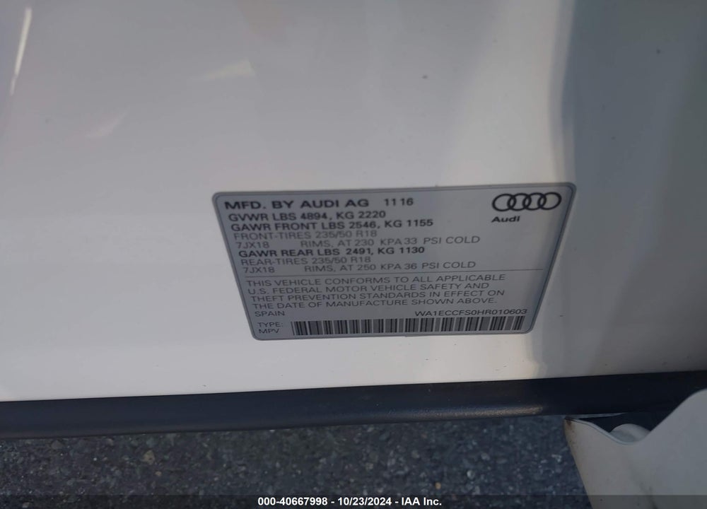 2017 AUDI Q3 2.0T PREMIUM VIN: WA1ECCFS0HR010603