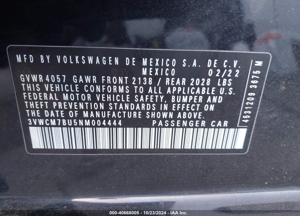 2022 VOLKSWAGEN JETTA 1.5T S VIN: 3VWCM7BU5NM004444