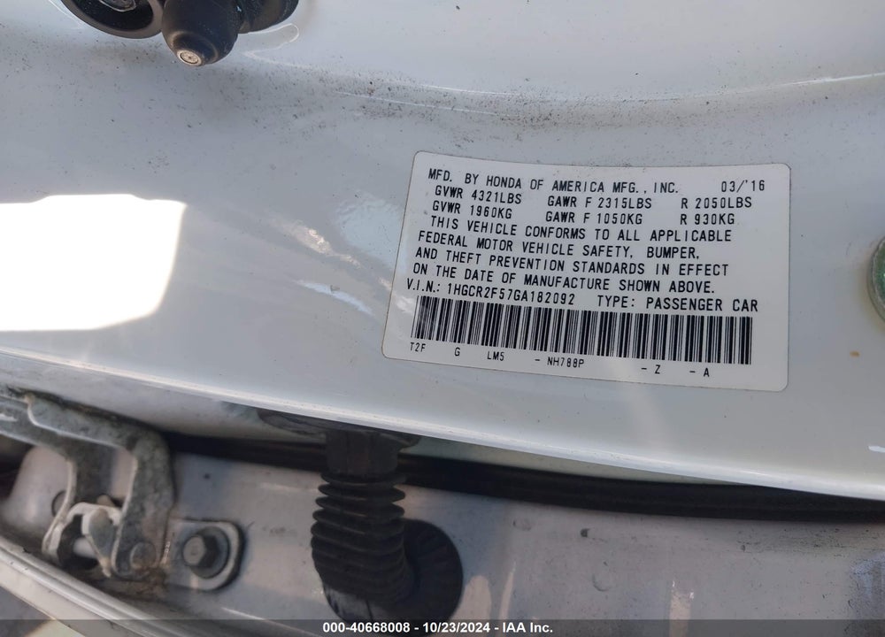 2016 HONDA ACCORD SPORT VIN: 1HGCR2F57GA182092
