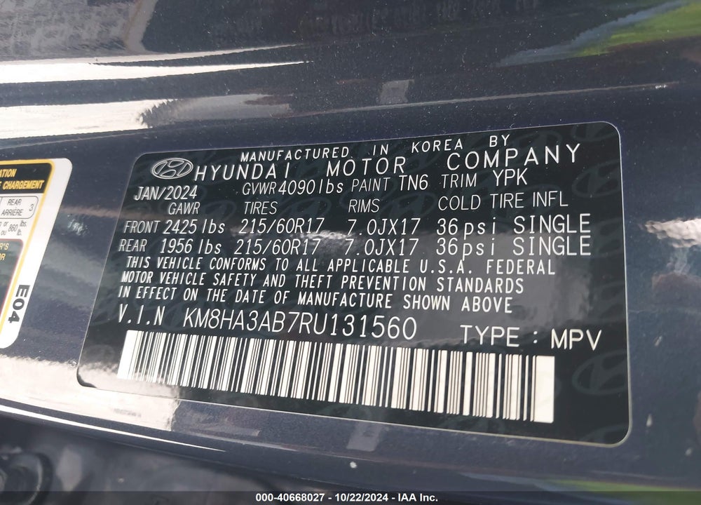 2024 HYUNDAI KONA SE VIN: KM8HA3AB7RU131560
