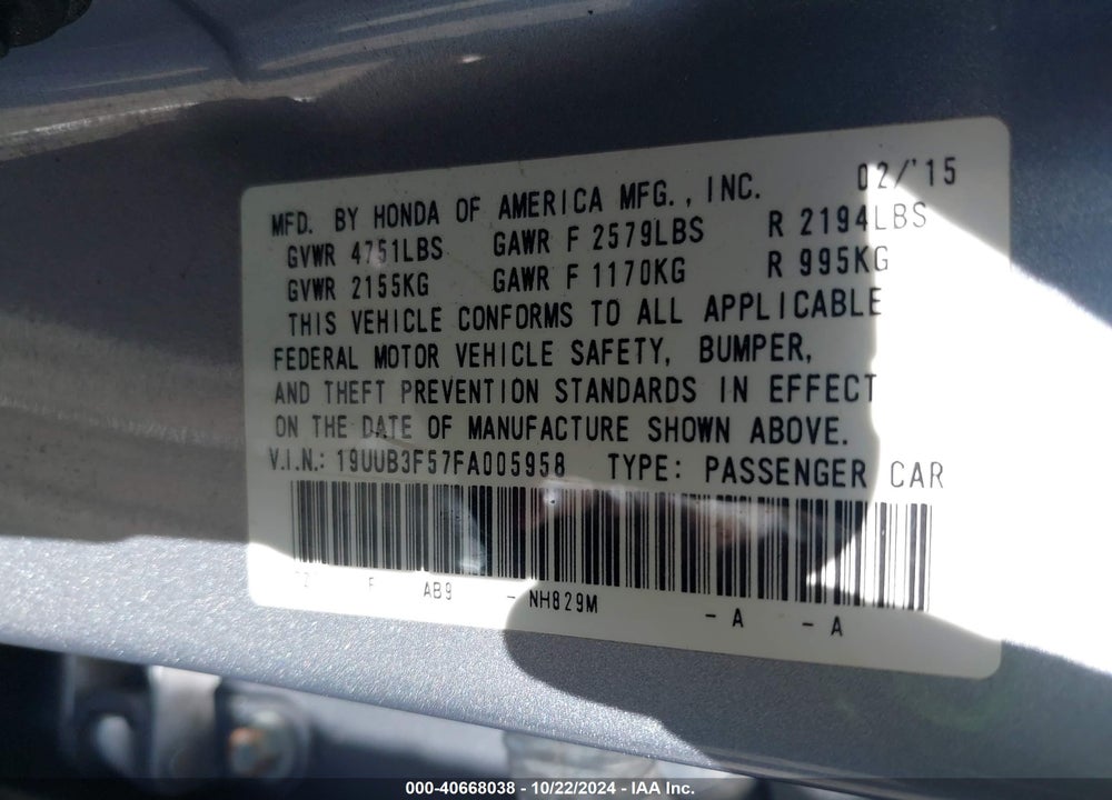 2015 ACURA TLX V6 TECH VIN: 19UUB3F57FA005958