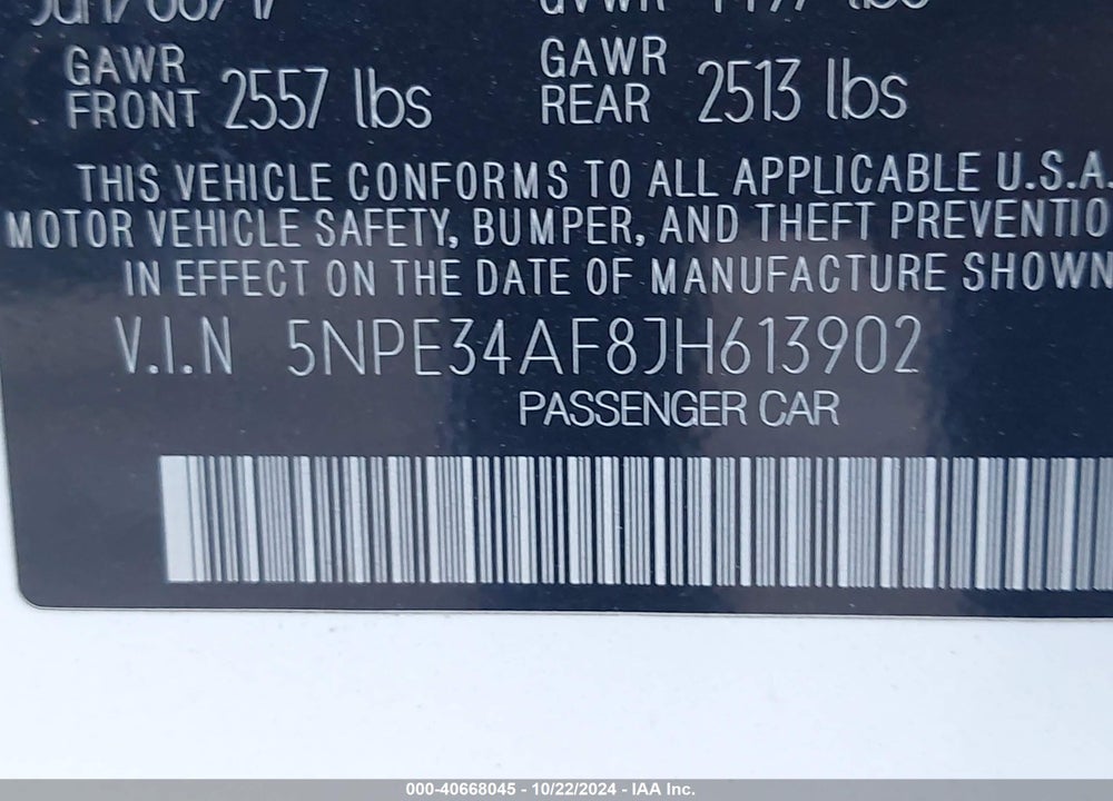 2018 HYUNDAI SONATA SEL VIN: 5NPE34AF8JH613902