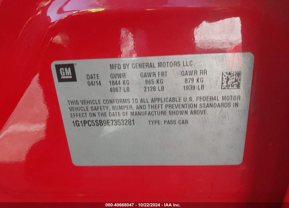 2014 CHEVROLET CRUZE 1LT AUTO VIN: 1G1PC5SB9E7353281
