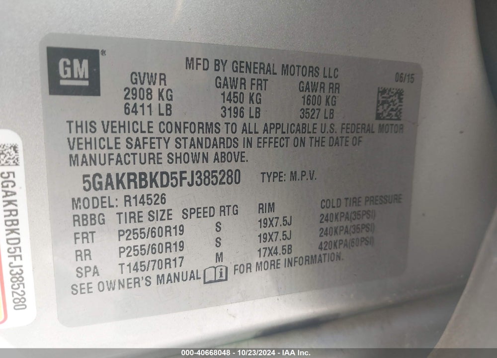 2015 BUICK ENCLAVE LEATHER VIN: 5GAKRBKD5FJ385280