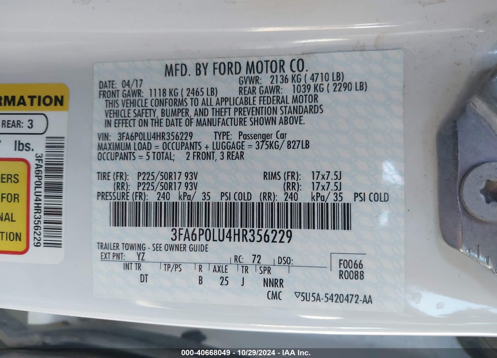 2017 FORD FUSION HYBRID SE VIN: 3FA6P0LU4HR356229