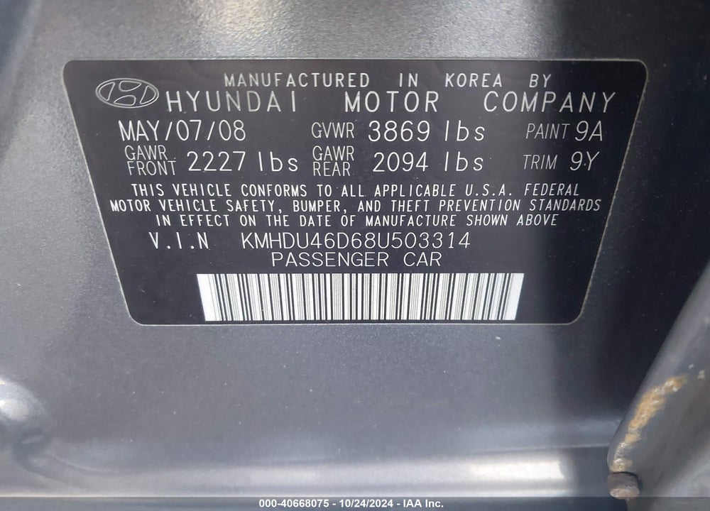 2008 HYUNDAI ELANTRA VIN: KMHDU46D68U503314