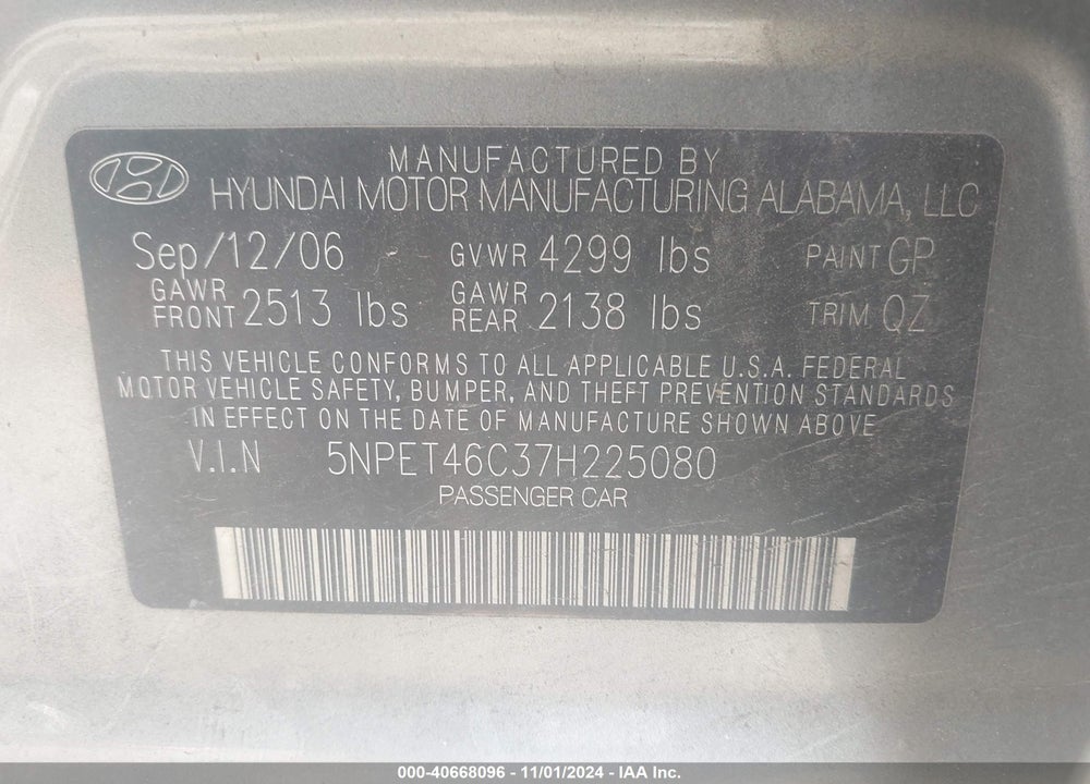 2007 HYUNDAI SONATA GLS VIN: 5NPET46C37H225080