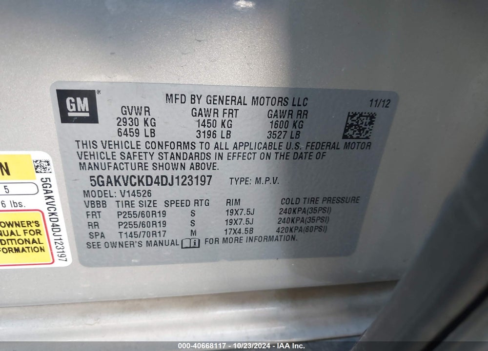 2013 BUICK ENCLAVE LEATHER VIN: 5GAKVCKD4DJ123197