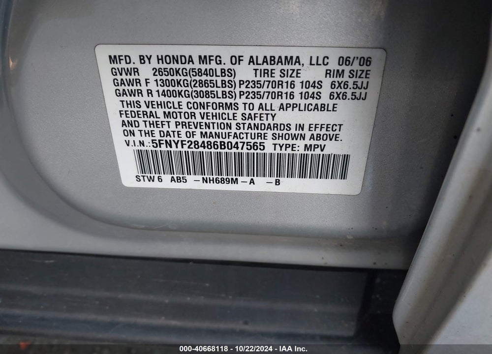 2006 HONDA PILOT EX VIN: 5FNYF28486B047565